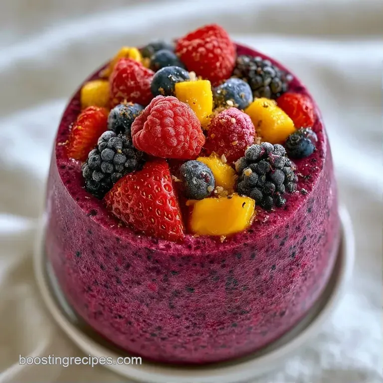A frosty magenta drink in a sleek glass with a straw, paired with scattered fresh berries on white marble.
