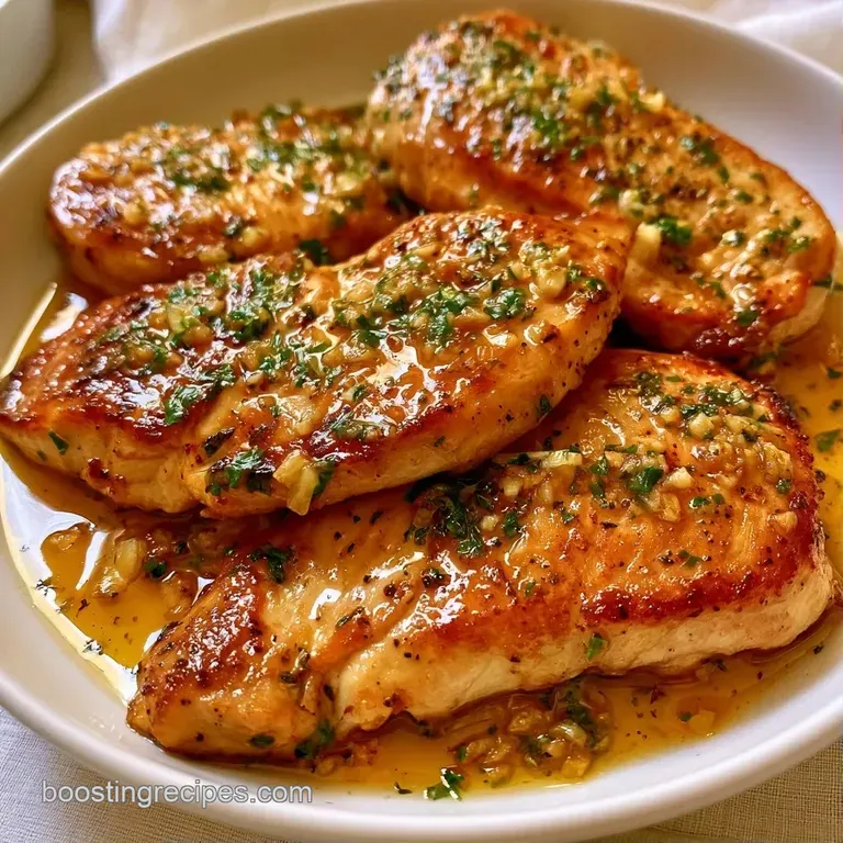 Elegant plating of seared chicken breasts with shimmering garlic sauce and a sprinkle of fresh parsley leaves.
