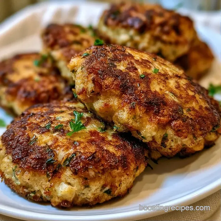 Three seared seafood patties on a white platter, garnished with microgreens and a side of zesty tartare sauce.