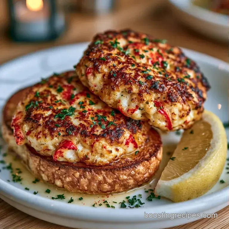 Toasted buttery bun holding a seared seafood patty, served on a slate board with a side of lemon wedges and herbs.