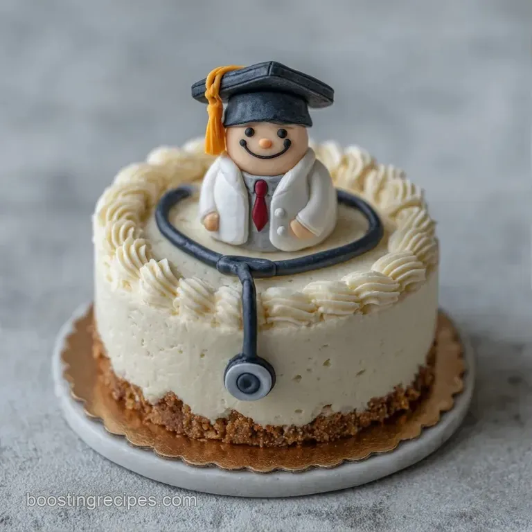 Elegant white cake on a silver platter, featuring neat blue piping and a small fondant nurse's cap and medical tools.