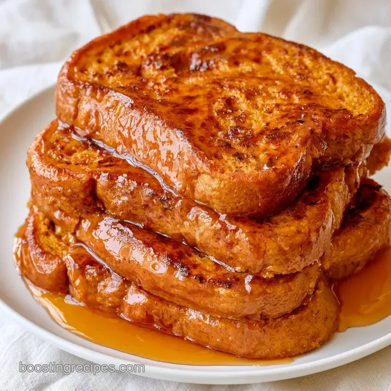 Stacked golden-brown slices on a white ceramic plate, drizzled with syrup and garnished with fresh blueberries.