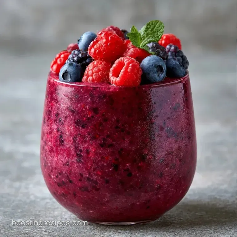 Chilled magenta smoothie in a crystal glass set against a bright breakfast spread with fresh berries and seeds.