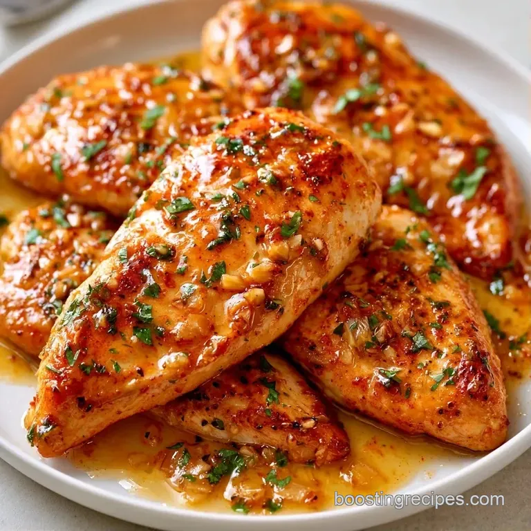 Elegant plating of seared chicken fillets on a white dish with a glossy butter glaze and fresh parsley sprigs.