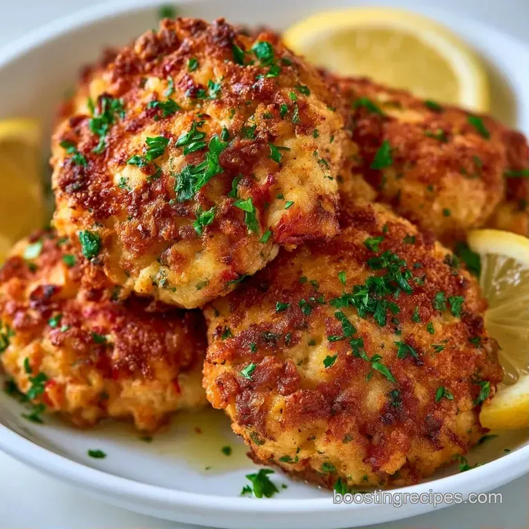 Three golden-brown seafood patties stacked on a white plate with a drizzle of creamy aioli and a sprinkle of green herbs.