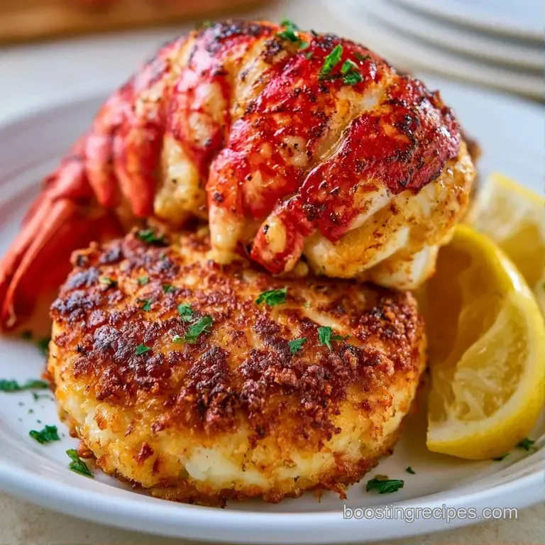 Two crispy golden seafood patties stacked elegantly with a sprig of fresh parsley and a lemon wedge on the side.