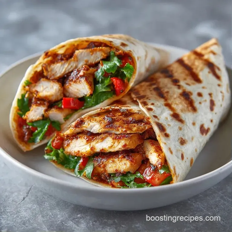Two halved wraps sliced diagonally, revealing layered fillings, served on a slate board with a side of zesty dip.