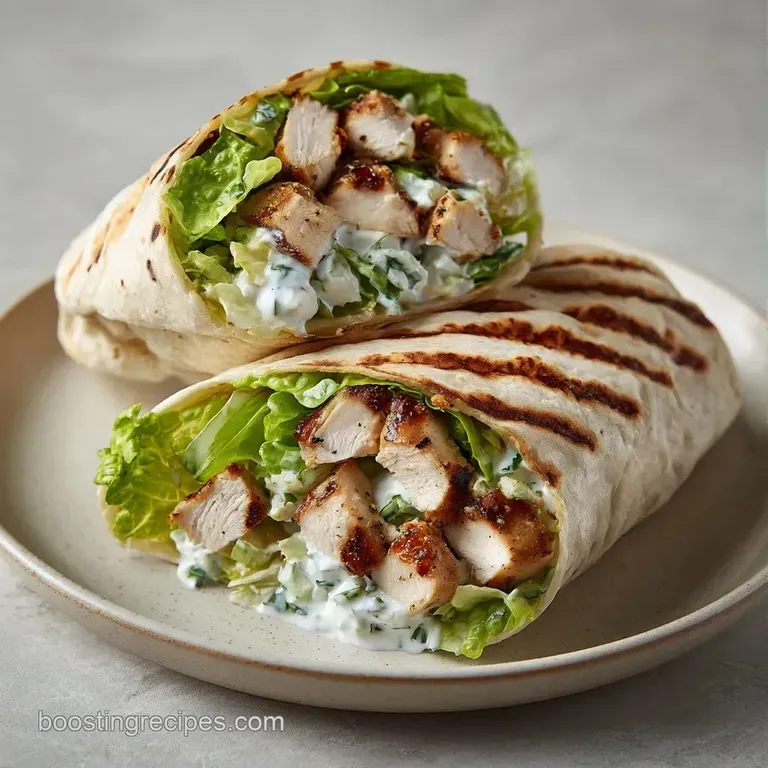 Two halved wraps resting on a white ceramic plate, accented by a side of golden chips and a fresh lemon wedge.