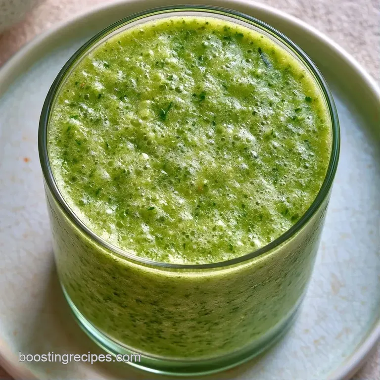 Chilled green drink in a tall glass beside sliced kiwi and fresh spinach on a bright, sunlit marble countertop.