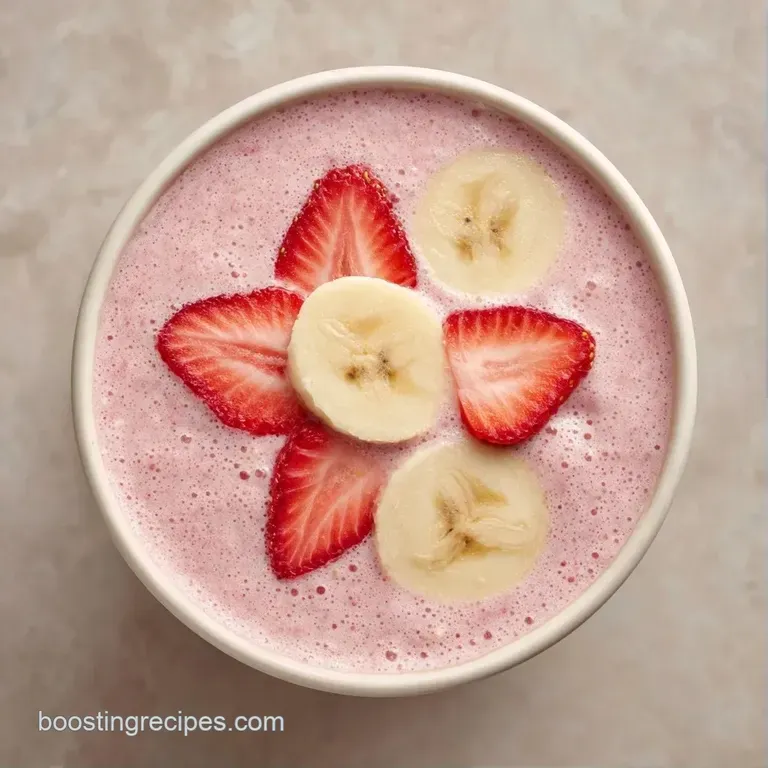Frosted glass of pale pink smoothie next to sliced berries and bananas on a bright, clean white marble surface.