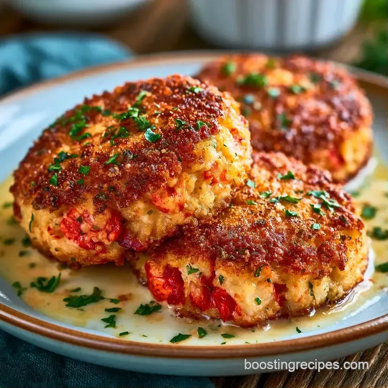 Two seared seafood cakes resting on microgreens with a swirl of zesty aioli and a sprinkle of fresh chopped parsley.