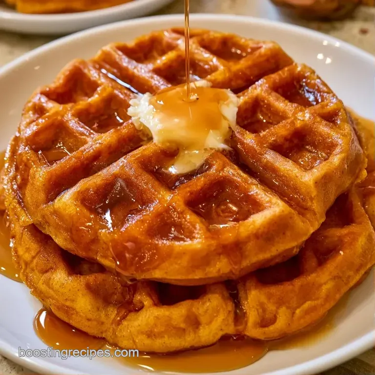 A tall stack of orange waffles on a ceramic plate, garnished with fresh blueberries and a drizzle of syrup.