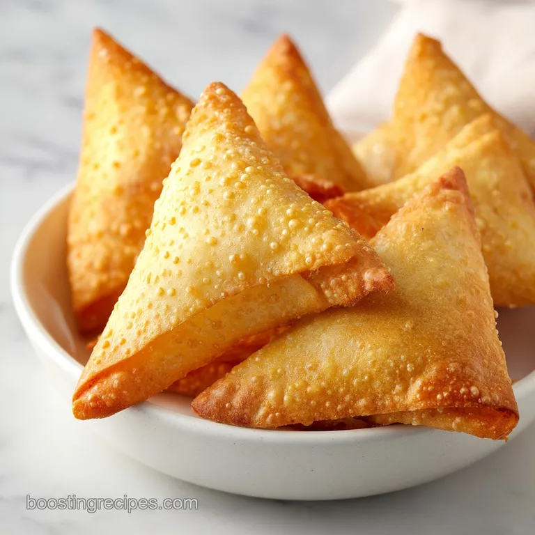 Three golden triangular pastries arranged on a black slate board with elegant swirls of red tamarind sauce.