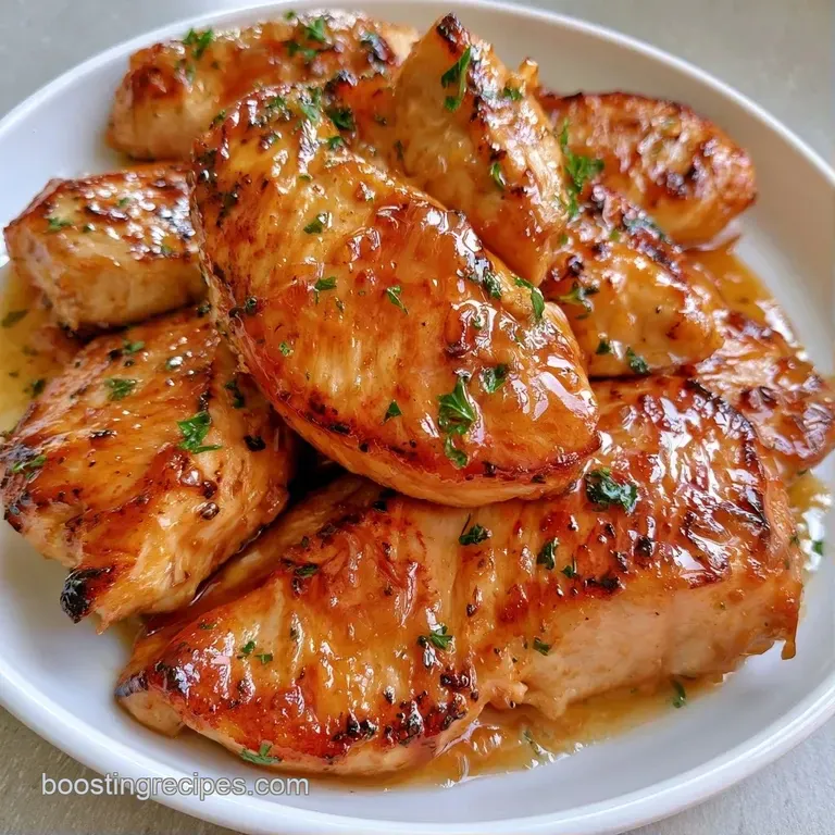 Sliced chicken breast coated in a thick amber sauce, garnished with scallions on a minimalist white plate.