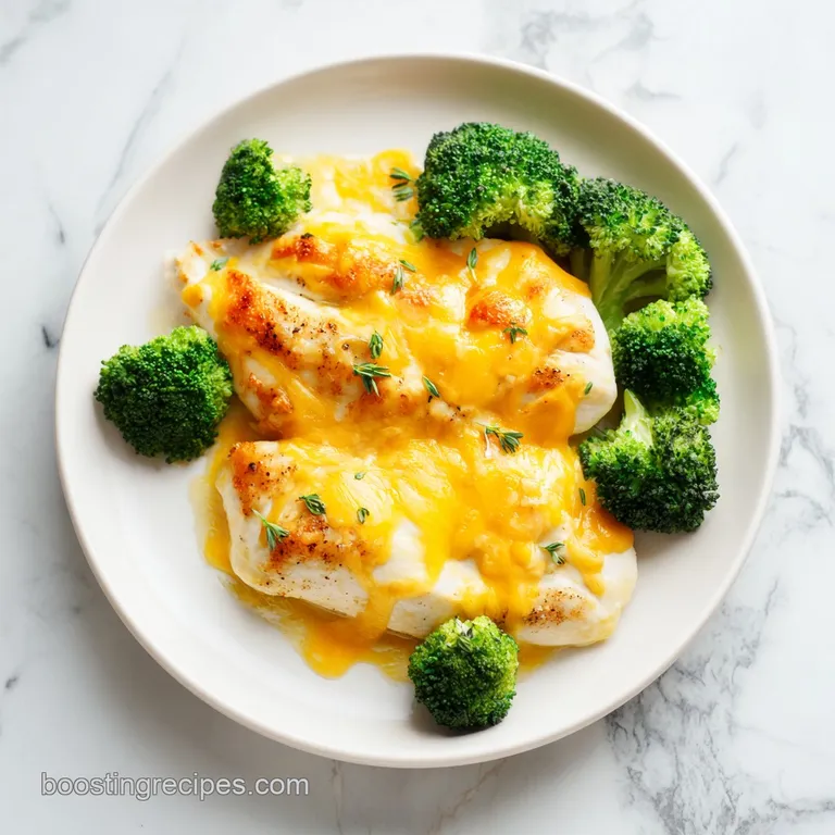 Elegant serving of creamy chicken and bright green broccoli on a white porcelain plate with a touch of fresh herbs.