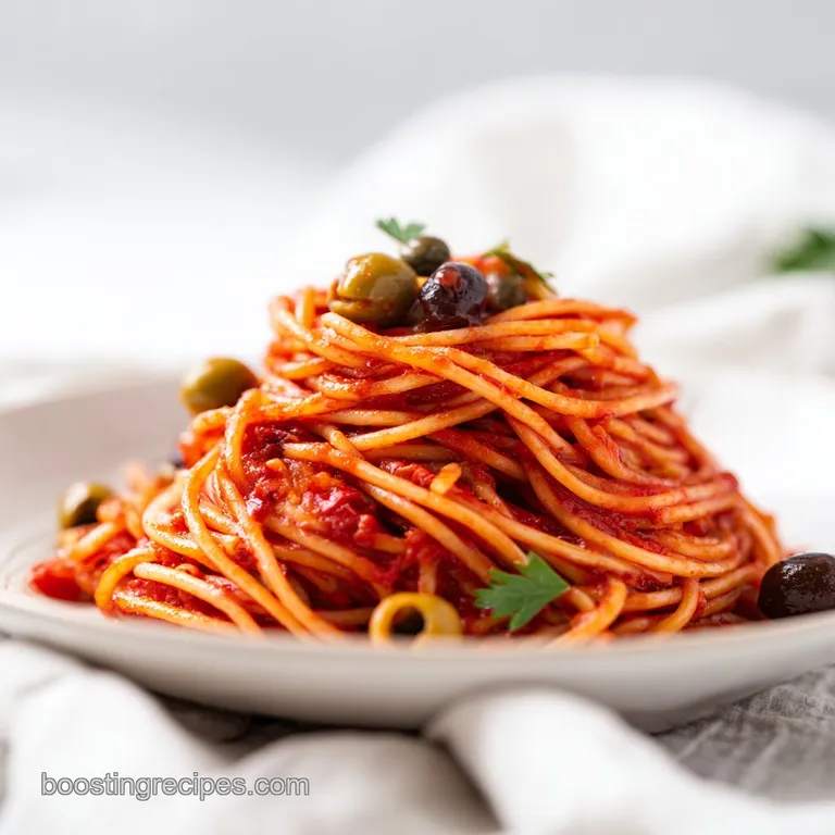 A tall swirl of pasta in a white bowl, topped with savory olives and capers and garnished with fresh parsley.