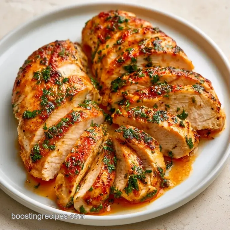 Sliced juicy chicken breasts on a white ceramic plate, garnished with fresh parsley and a bright lemon wedge.