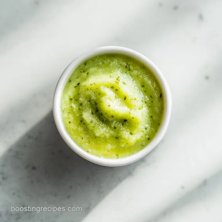 A swirl of pale green puree garnished with a delicate mint leaf on a white plate.