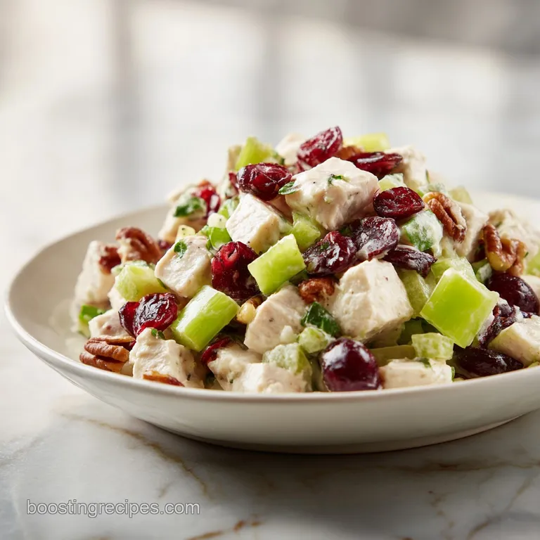 Neatly plated turkey salad with vibrant red cranberries and toasted almonds on a minimalist white ceramic dish.