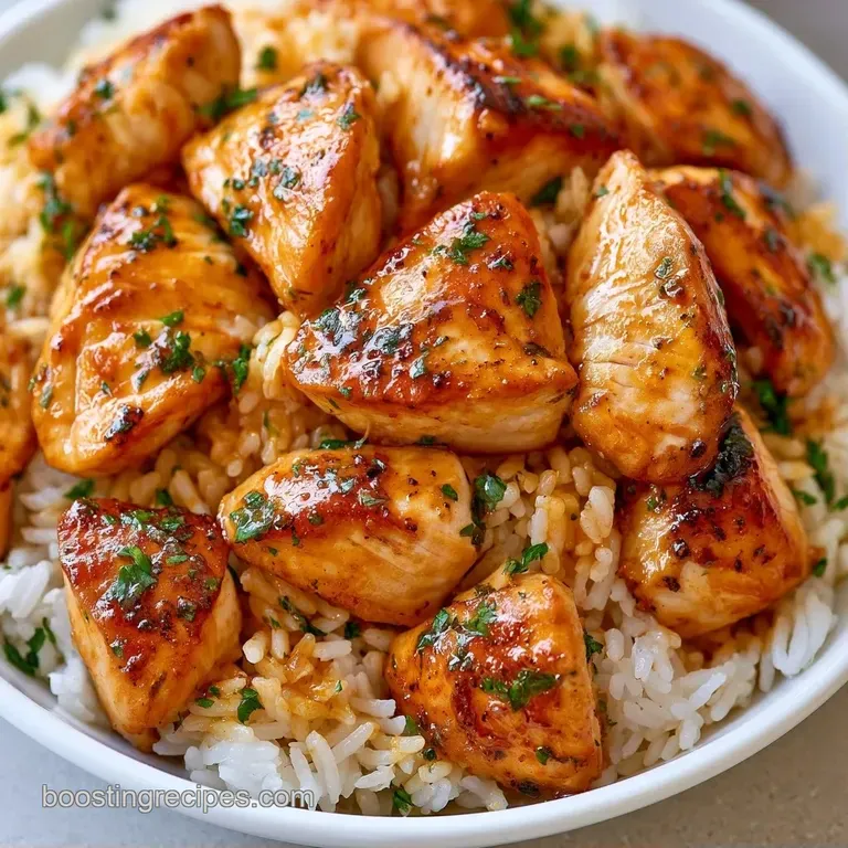 Plated golden chicken thighs over fluffy rice, drizzled with a creamy red-flecked sauce and fresh green parsley.