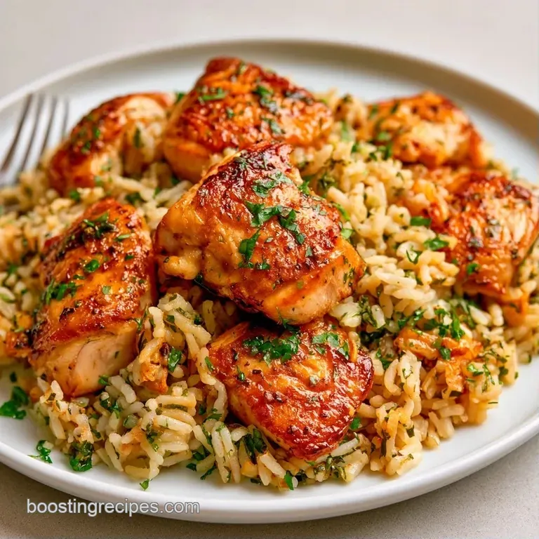 Elegant white platter with golden seared chicken over fluffy yellow rice, garnished with bright green fresh herbs.
