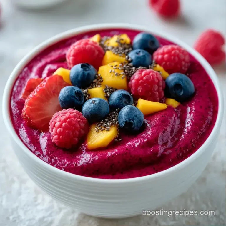 A tall glass of thick magenta smoothie on a white marble surface beside a bowl of fresh, colorful berries.