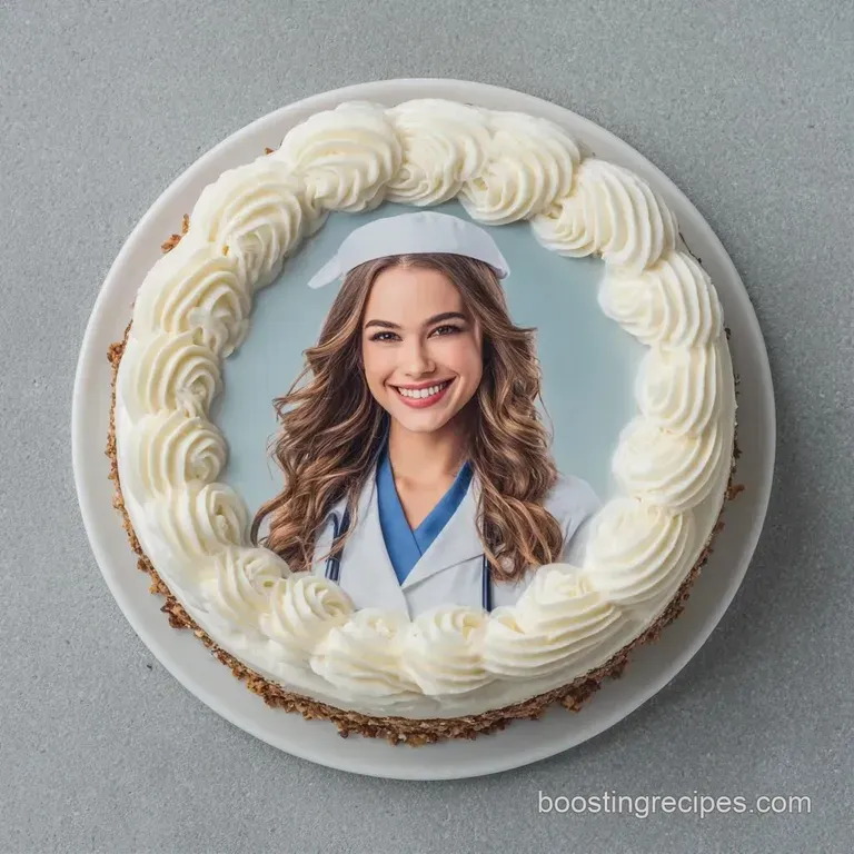 Smooth white frosting with an edible photo, presented on a silver pedestal with soft blue piping and a clean backdrop.