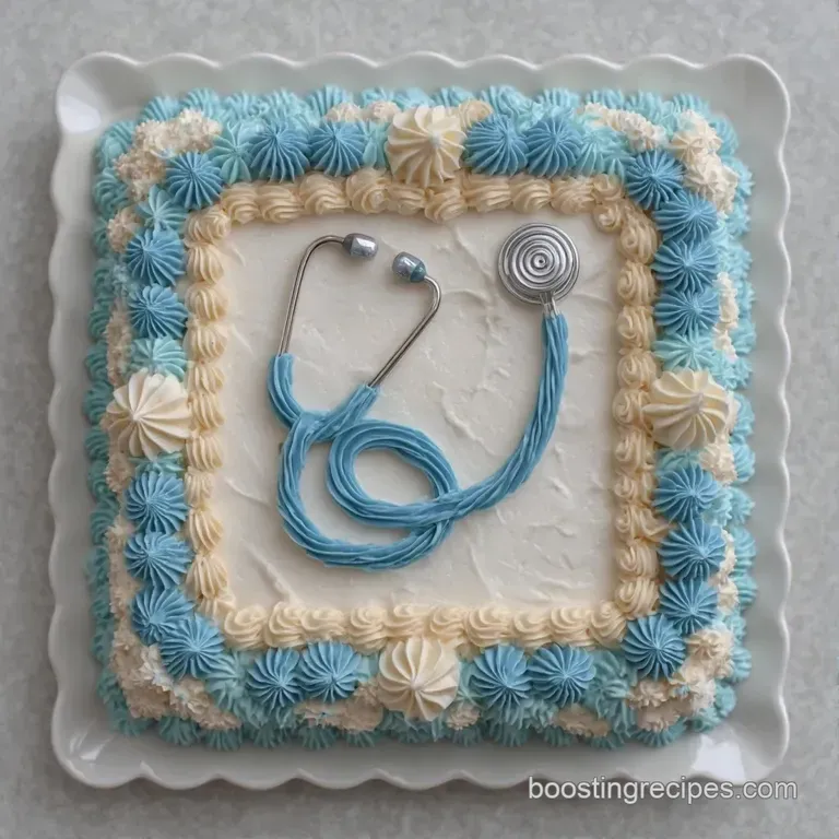Large rectangular white cake on a silver platter, accented with blue piping and a tiny black graduation mortarboard.