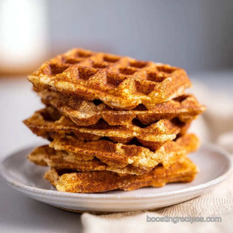 A neat stack of golden-brown waffles topped with fresh blueberries, sliced strawberries, and a dusting of powdered sugar.