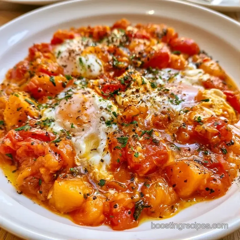 Vibrant orange vegetable stew with perfectly poached eggs in a black skillet, garnished with bright green cilantro.