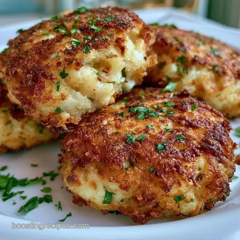Three crispy golden patties atop a swirl of remoulade sauce, garnished with fresh parsley and a lemon wedge.