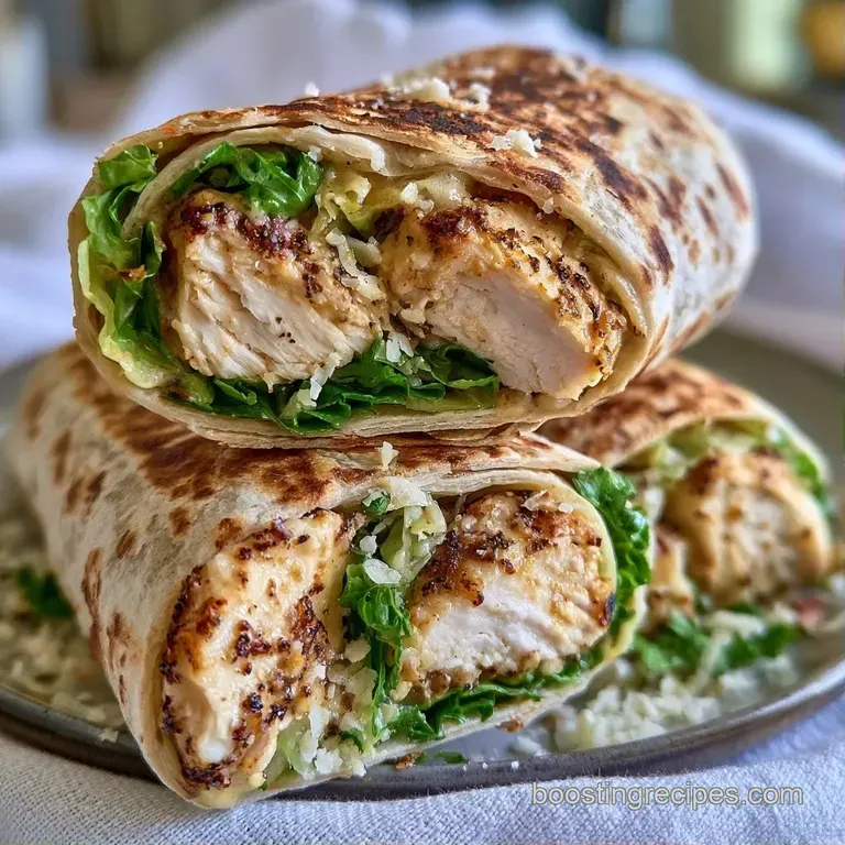 Two halved wraps sliced diagonally on a white plate with side of crisp greens and a sprinkle of parmesan cheese.