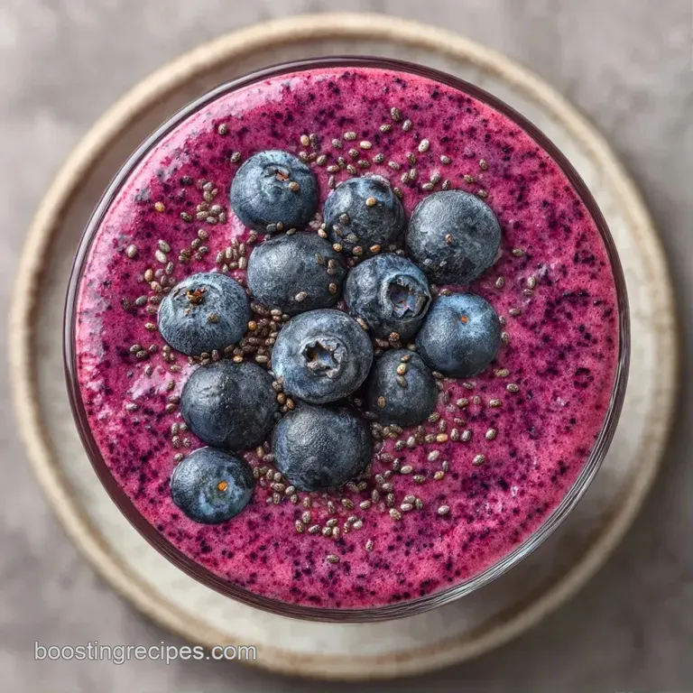 Vibrant purple smoothie in a tall glass, paired with fresh berries and a spoon of yogurt on a white marble surface.