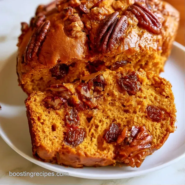 A thick slice of spiced orange loaf topped with toasted pecans and plump raisins on a clean white ceramic plate.
