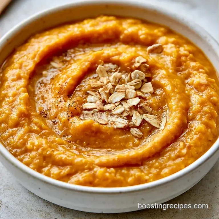 A square slice of orange-hued oatmeal topped with a glistening maple syrup drizzle on a matte gray plate