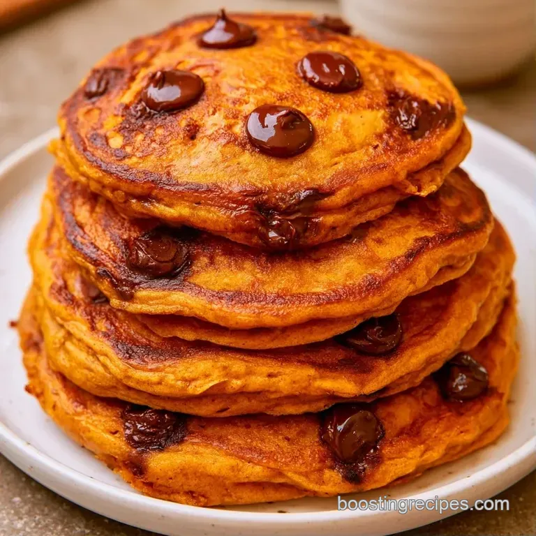 Warm, orange-hued cakes stacked on a white plate with glistening maple syrup and scattered fresh blueberries.