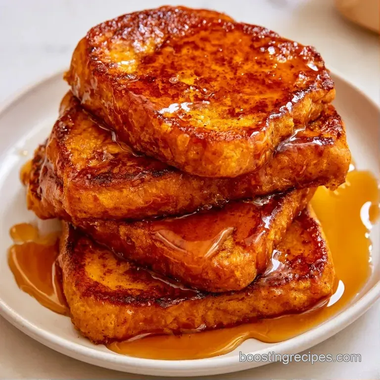A stack of orange-hued toast on a white ceramic plate, garnished with fresh blueberries and a dusting of cinnamon.