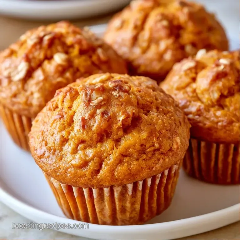 A stack of warm, orange-hued muffins on a white ceramic plate with a drizzle of amber honey and cinnamon sticks.
