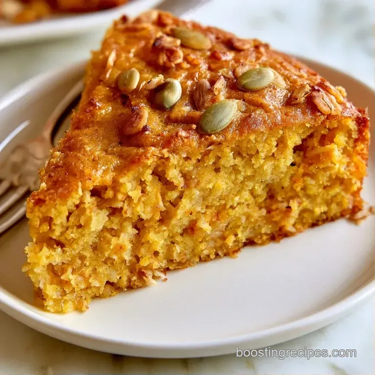A moist orange cake slice topped with a dusting of cinnamon and a dollop of creamy yogurt on a white plate.