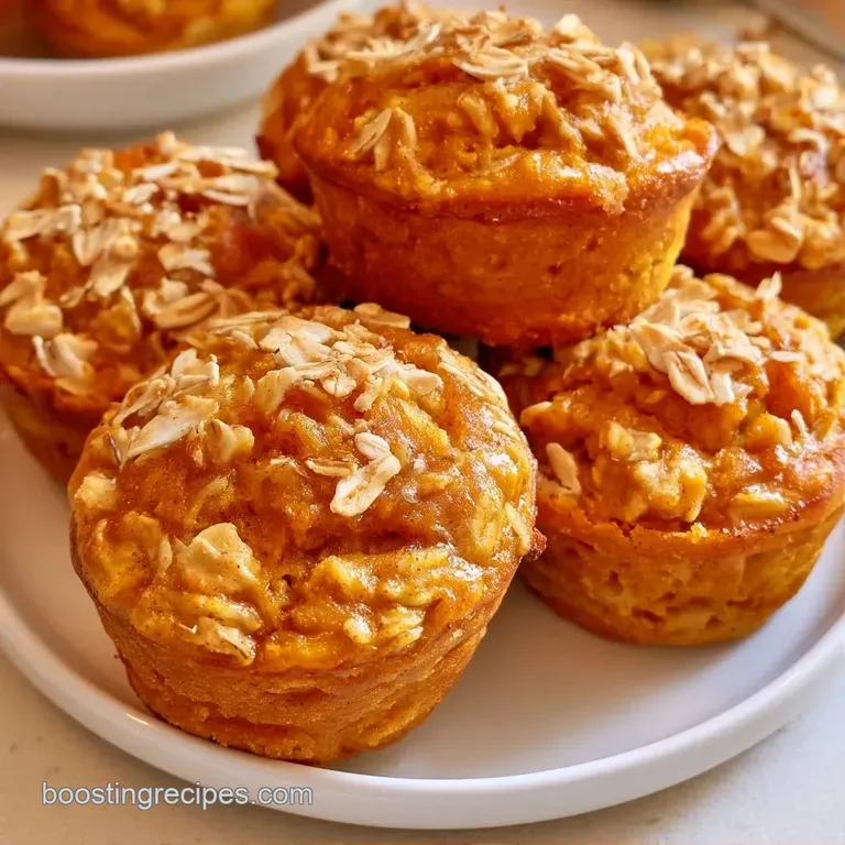 Three warm, orange-hued muffins stacked on a ceramic plate with a dusting of cinnamon and a side of maple syrup.