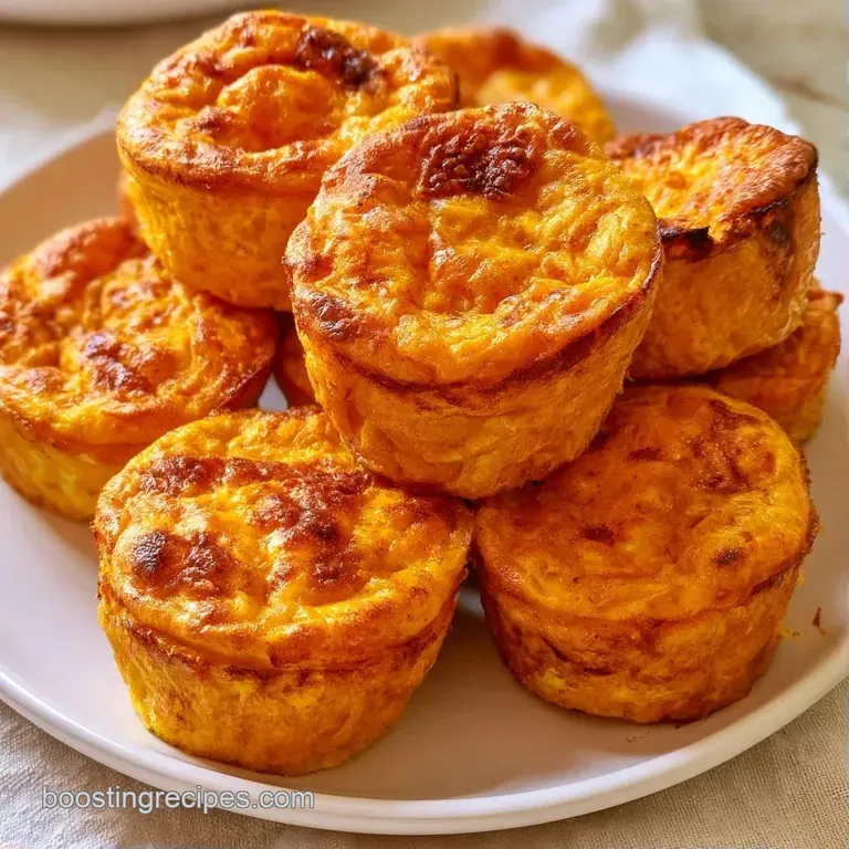 Three fluffy orange egg bites stacked on a white ceramic plate garnished with a fresh, green sprig of parsley.