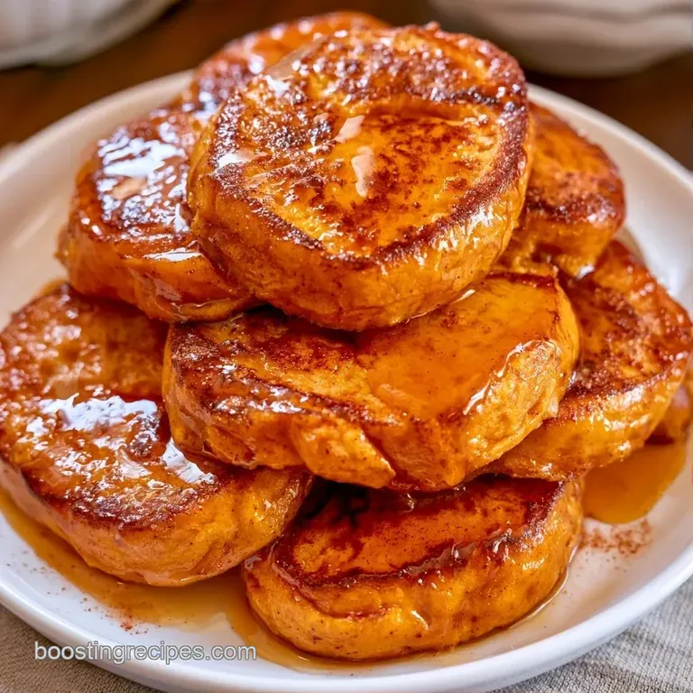 Toasted orange-hued bread slices on a white ceramic plate, garnished with fresh berries and a sprinkle of cinnamon.