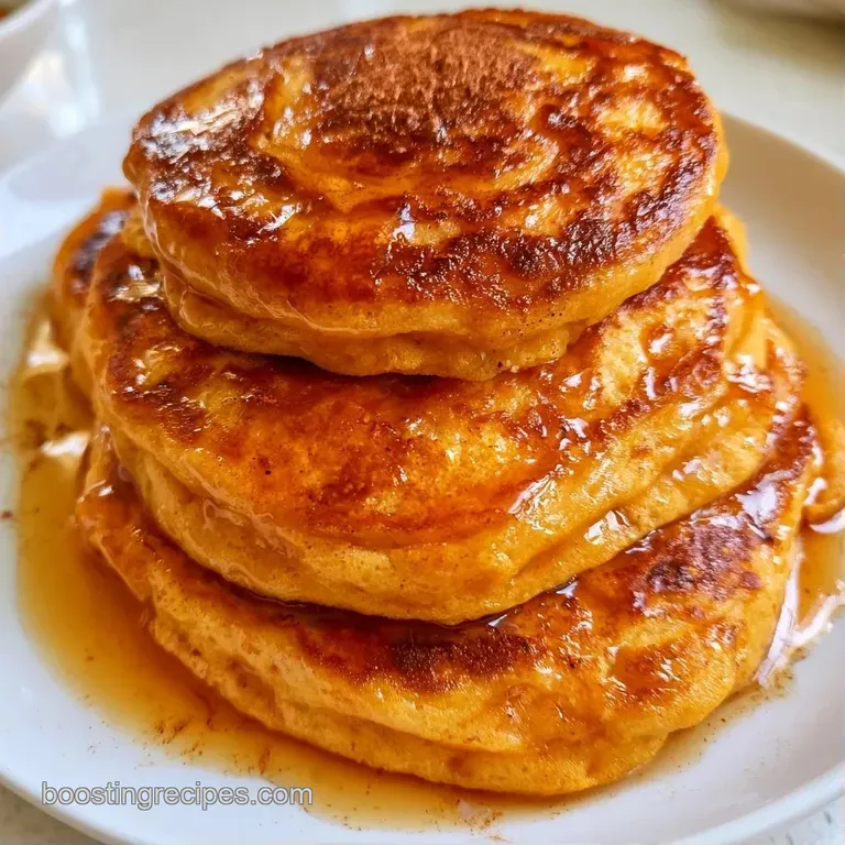 Golden-orange pancake stack on a white ceramic plate, dusted with cinnamon and paired with toasted pecans.
