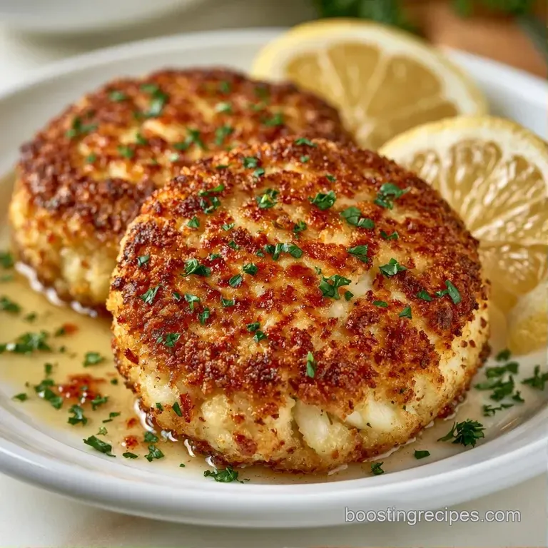 Three golden seafood patties stacked on a white plate with a creamy sauce swirl and a garnish of fresh microgreens.