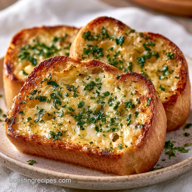 Warm, toasted bread slices with glistening butter and fresh parsley, arranged on a white ceramic platter.
