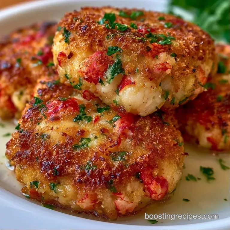 Elegantly plated seared seafood patties with a swirl of creamy aioli and a sprig of fresh green parsley.