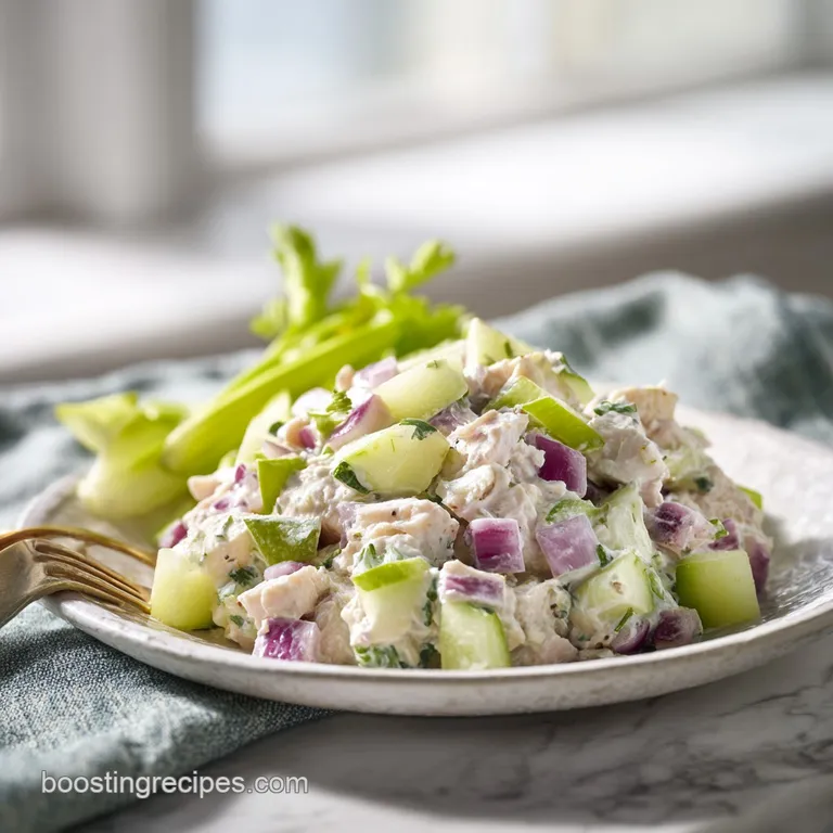 A vibrant scoop of chicken salad on a bed of leafy greens with a lemon wedge on a minimalist ceramic plate.