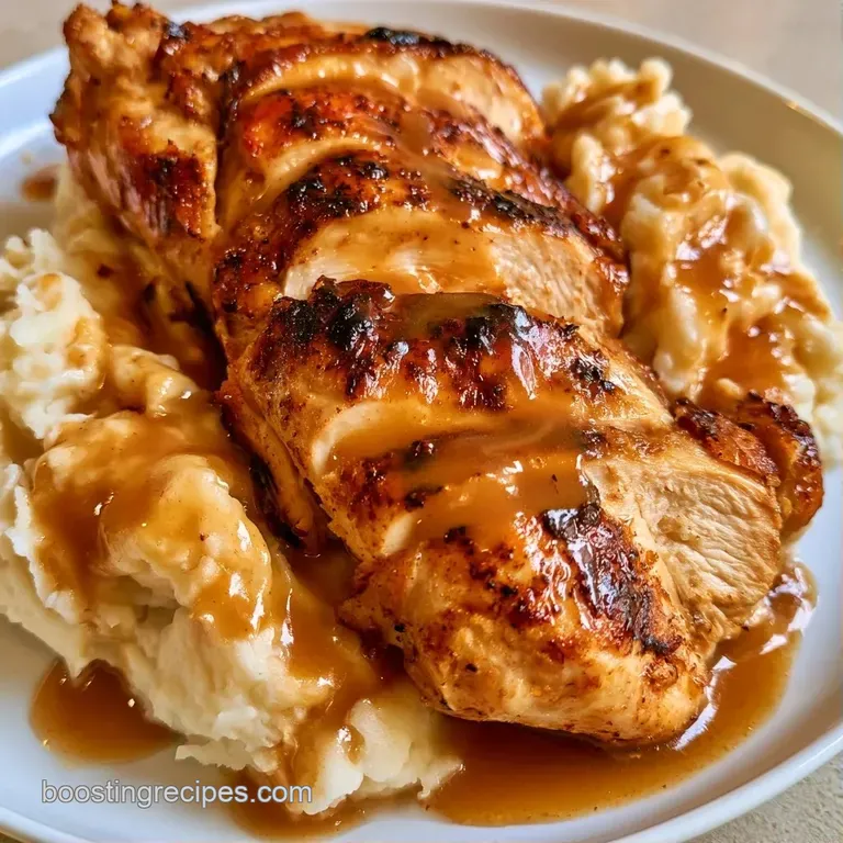 A sliced golden-brown poultry breast resting on a silky potato cloud, drizzled with rich brown gravy and fresh herbs.