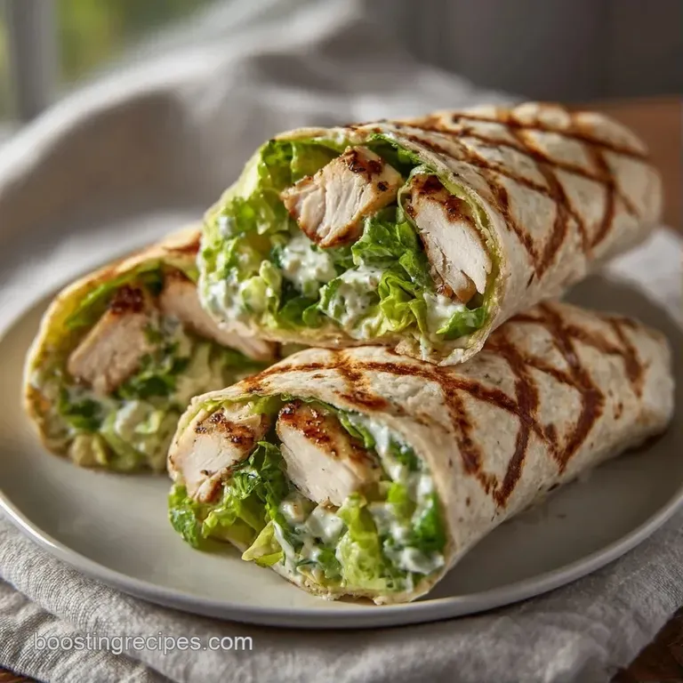 Two halved wraps sliced diagonally on a white ceramic plate, showing layers of fresh greens and golden parmesan.