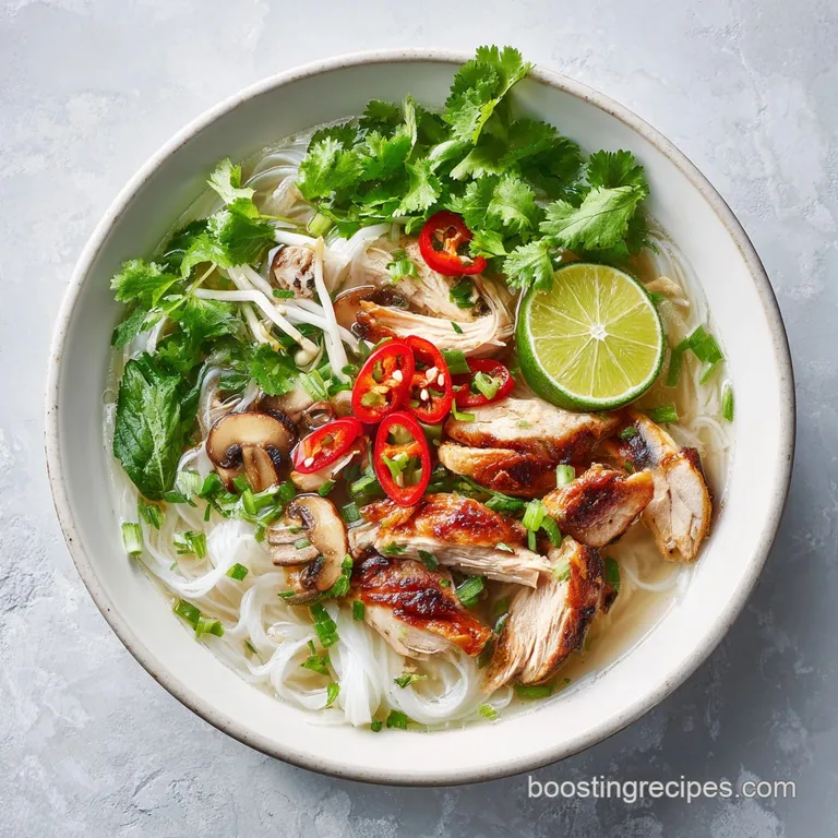 An elegant bowl of pho, showcasing shredded rotisserie chicken, vibrant green garnishes, and translucent rice noodles.